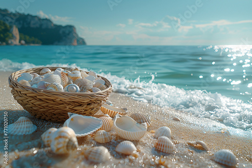 Moroccan beach with white shells on the beach and straw baskets, sunny and dreamy, overlooking angle, Cinematic, advanced color scheme, studio lighting, dark oppressive background, hyper-realistic, ul