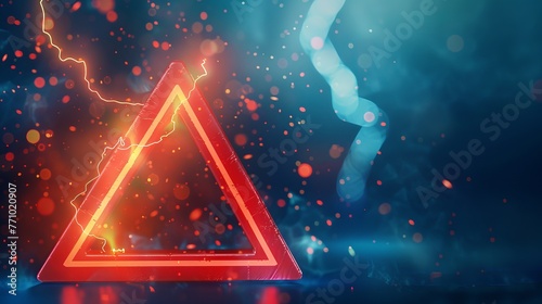A red danger warning triangle banner is illustrated with a blur effect and a lightning signal in a 3D vector creative illustration. photo