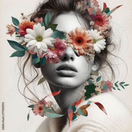 Abstract contemporary art collage portrait of young woman with flowers on face hides her eyes 