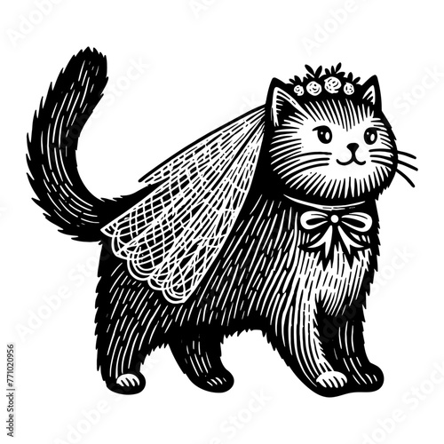 cute cat bride wearing a bridal veil sketch