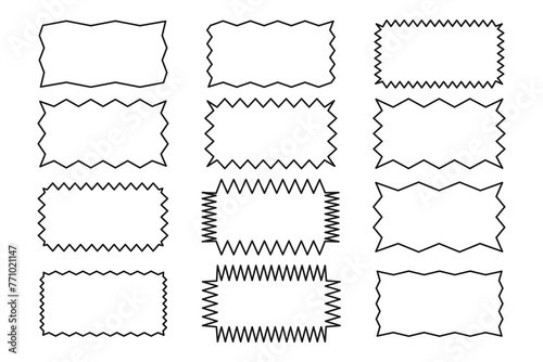 Outline of a jagged rectangle. A set of rectangular borders with a uneven zigzag edge. Black color. Design elements for text box, button, icon, tag, banner, sticker. Vector illustration.
