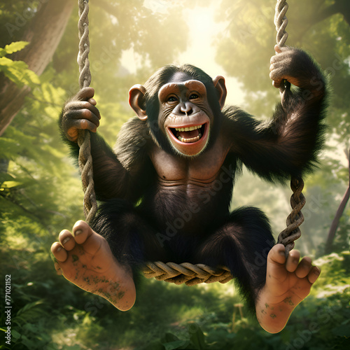 Chimpanzee monkey swinging on a rope in the jungle. photo