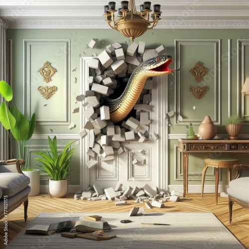 In this 3D rendering, a snake is portrayed poking its head out of a wall, creating a whimsical and unexpected sight. 
