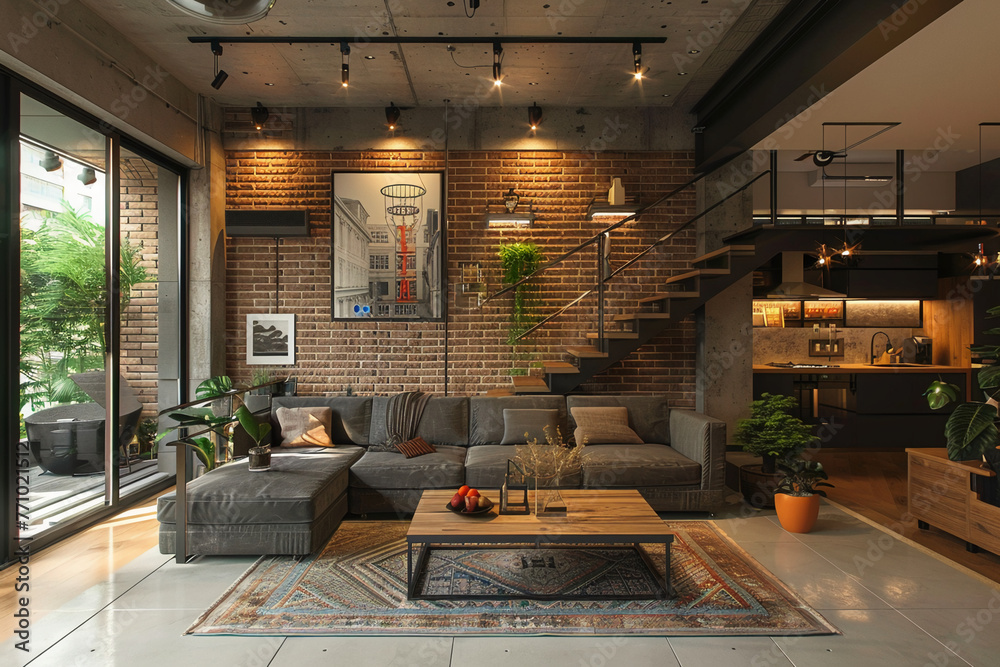 living space in the style of industrial design, nordic and Japanese elements
 - obrazy, fototapety, plakaty 