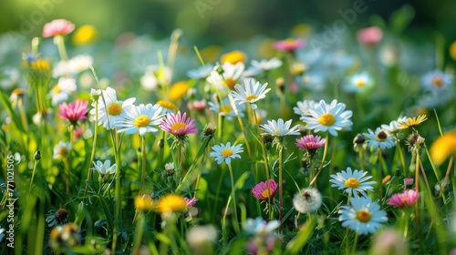 Spring Meadow Abloom: White & Pink Daisies and Yellow Dandelions on a Sunny Day