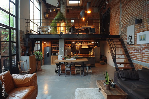 living space in the style of industrial design, nordic and Japanese elements 
