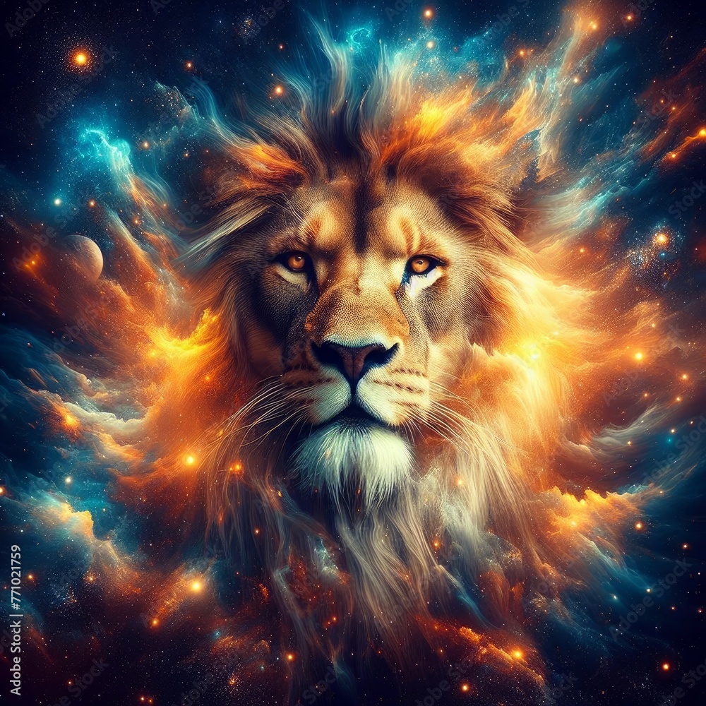 A lion is portrayed within the cosmic space, merging its regal presence with the mysteries of the universe, achieved through captivating photo manipulation and graphic effects.


