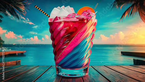 Miami vice cocktail on background with blue sea and sky tropical background photo