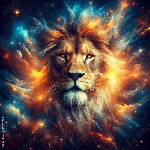 A lion is portrayed within the cosmic space  merging its regal presence with the mysteries of the universe  achieved through captivating photo manipulation and graphic effects.   