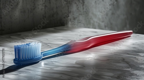 A red toothbrush with blue two-color toothpaste is displayed on a light surface, representing dental hygiene and health maintenance, with the object isolated on a white background without shadows. photo