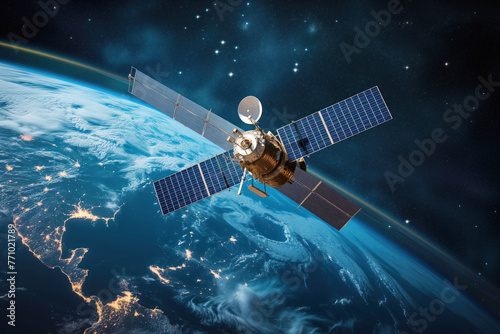 Global satellites with antennas a solar panels that support high speed Internet connectivity in telecommunications Generative AI