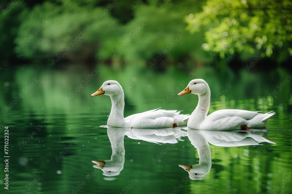 Serene White Ducks Swimming on a Green Lake with Reflections Generative AI Serene White Ducks Swimming on a Green Lake with Reflections Generative AI