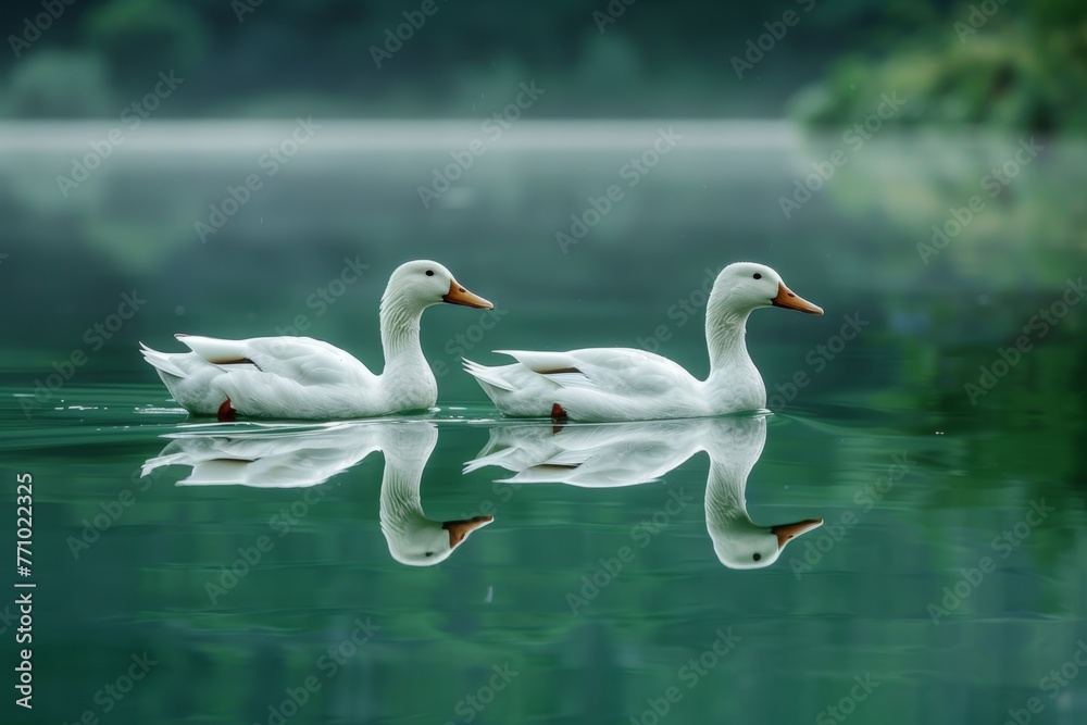 Serene White Ducks Swimming on a Green Lake with Reflections Generative AI Serene White Ducks Swimming on a Green Lake with Reflections Generative AI