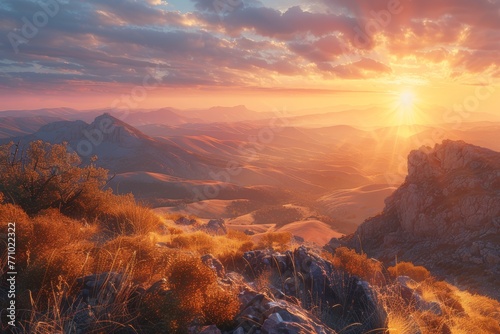Sunrise Haven: A Majestic Mountainous Landscape Generative AI