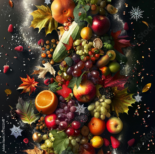  fruits and vegetables of the seasons. Incorporate elements such as seasonal decorations like leaves  flowers  snowflakes  and sunshine. sense of celebration