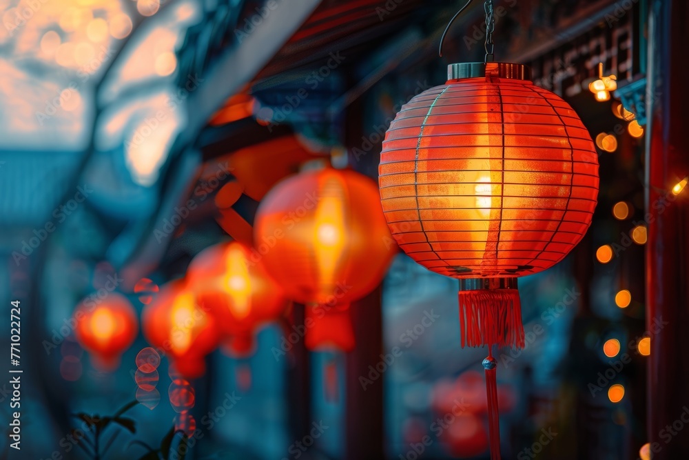 Chinese Architecture Surrounded by Lit Lanterns and Play of Light and Shadows Generative AI