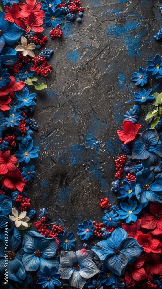 Painting of Red, White, and Blue Flowers