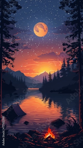 Mountain and Lake Night Painting