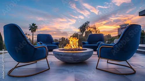 an image that epitomizes luxury, featuring exquisite blue chairs surrounding a chic fire pit 