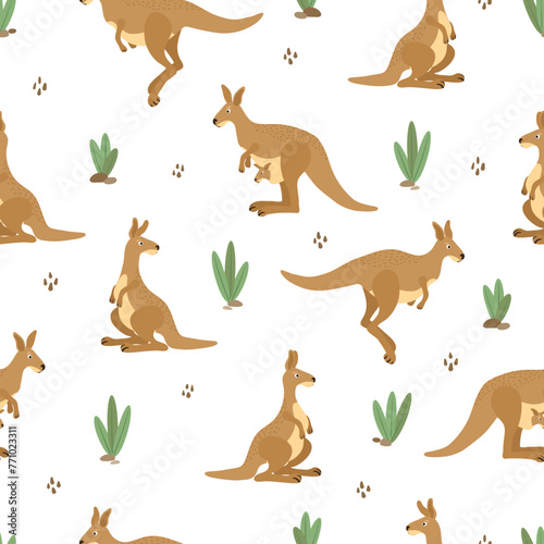 Kangaroo seamless pattern with animals and plants. Vector illustration © Afanasia