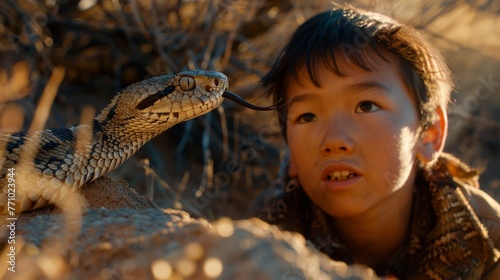 A young boy with a snake that close to his face in the desert. Generative AI.