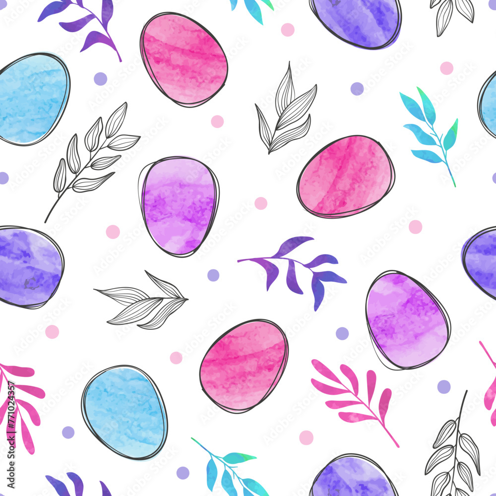 Seamless Easter pattern with eggs and leaves. Vector watercolor ...