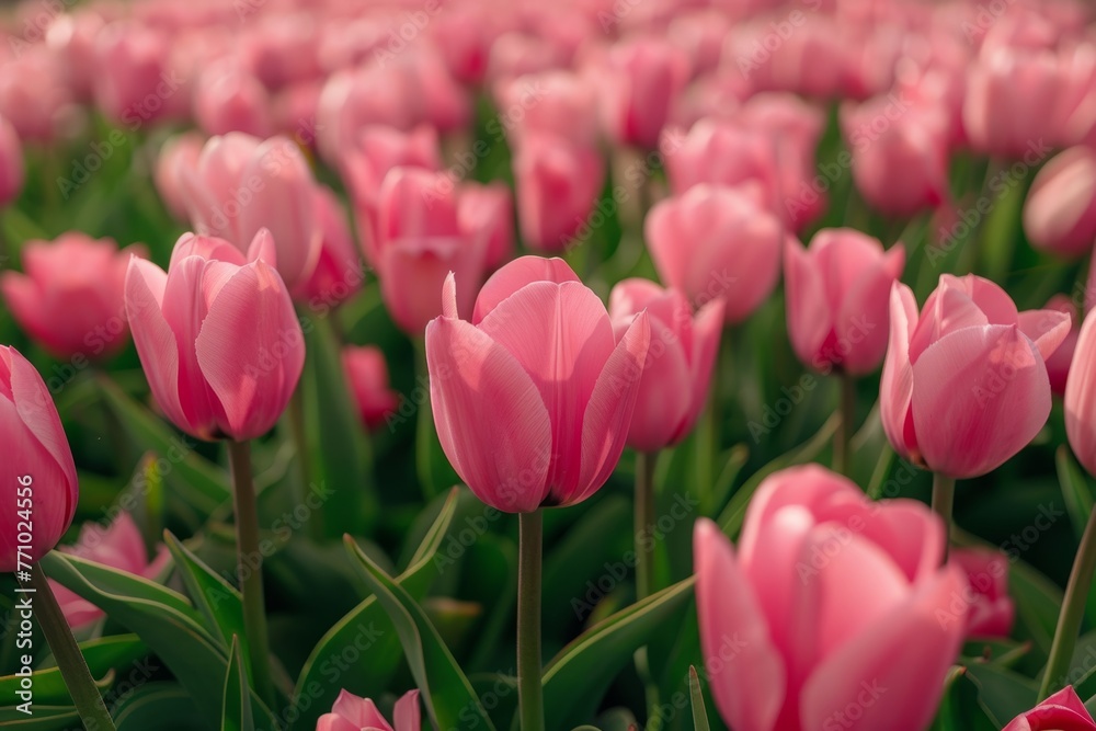 Vast Pink Tulip Field with Blurred Background and Green Foliage Generative AI