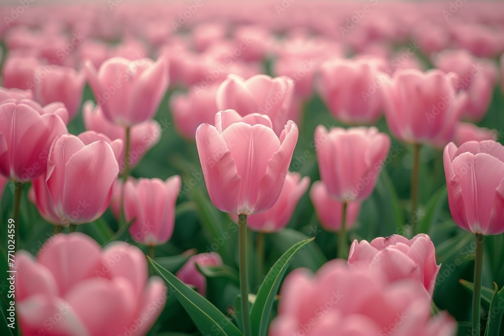 Vast Pink Tulip Field with Blurred Background and Green Foliage Generative AI Vast Pink Tulip Field with Blurred Background and Green Foliage Generative AI