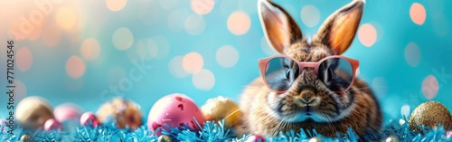 Cool Easter Bunny Rabbit with Sunglasses and Gold-Painted Easter Eggs - Frohe Ostern Concept Holiday Greeting Card with German Text © hisilly