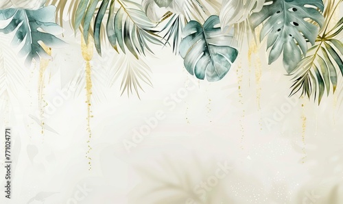 watercolor luxury rich light colors gold 3d big palm Livistona leaves hanging down. AI generated illustration photo