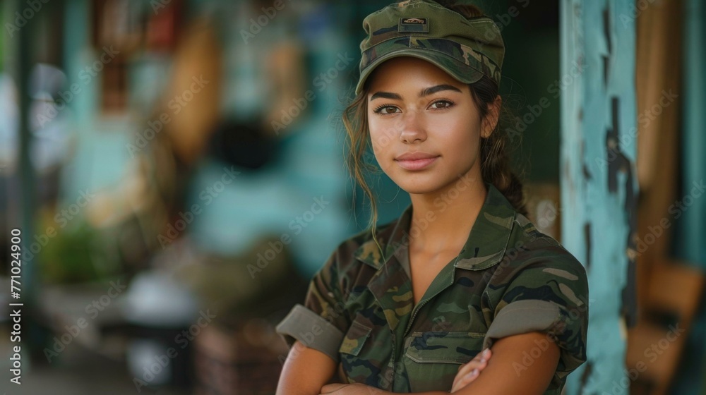 Fototapeta premium A woman in military uniform posing for a picture with her arms crossed. Generative AI.