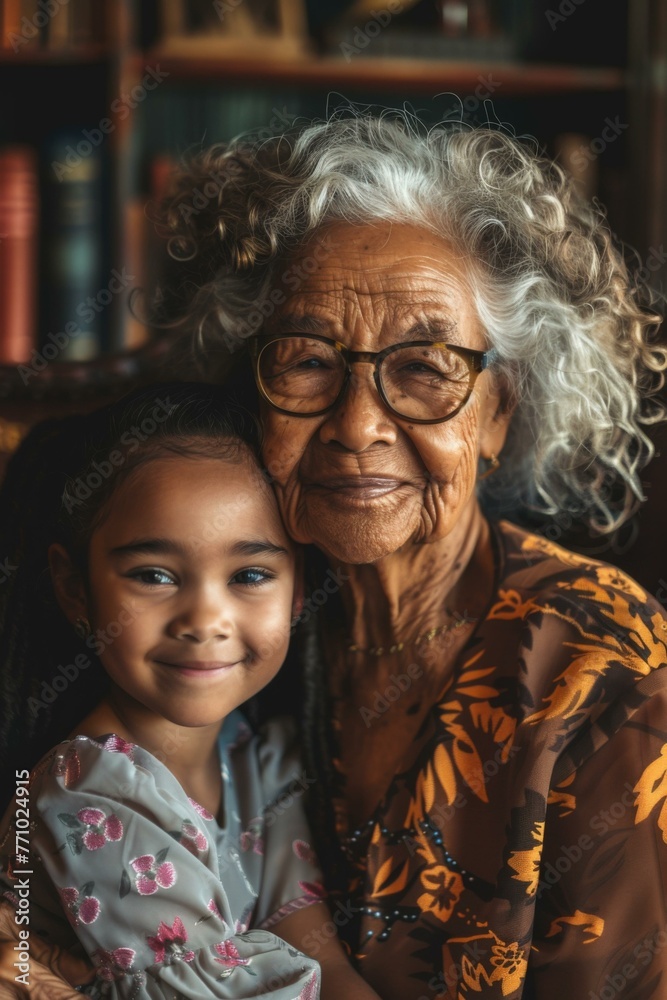 An older woman and a young girl smiling for the camera. Generative AI. An older woman and a young girl smiling for the camera. Generative AI.