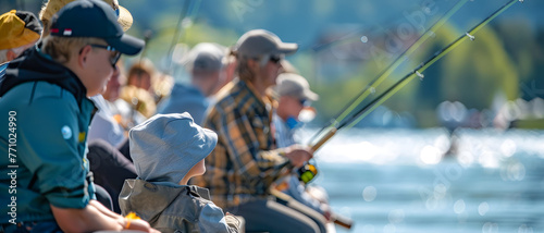 Anglers line up by the water's edge, focusing on their craft in the warm morning sun by a tranquil mountain lake