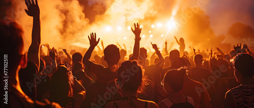 Enthusiastic crowd with raised hands at a lively outdoor music festival