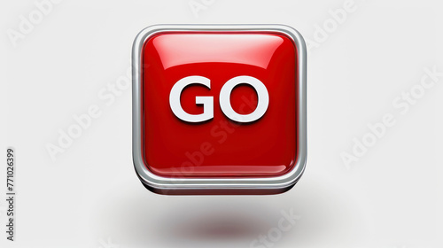 illustration of a 3d square button in red color with a silver frame against white background, written on it is the word GO photo