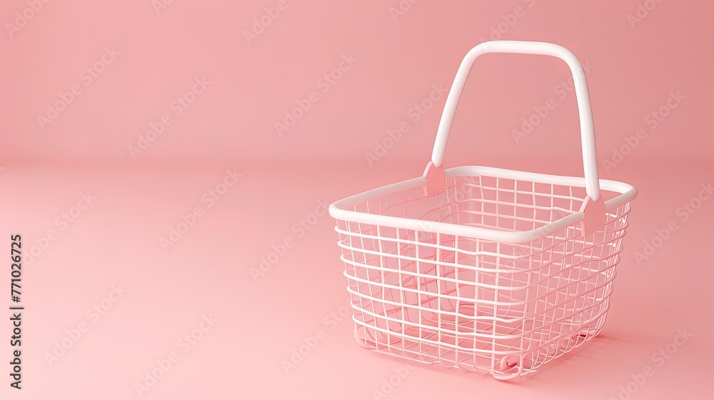 Against a pink background, an empty shopping basket is illustrated in this 3D rendering illustration.