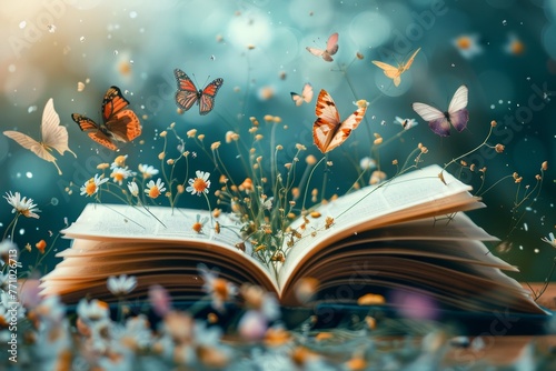 Imagination in Reading: Pages Transforming into Flying Flowers and Butterflies Generative AI photo