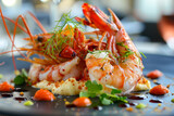A close-up of a chef's special seafood dish. The plate is a work of art, with the seafood and accompanying garnishes creating a beautiful, appetizing picture