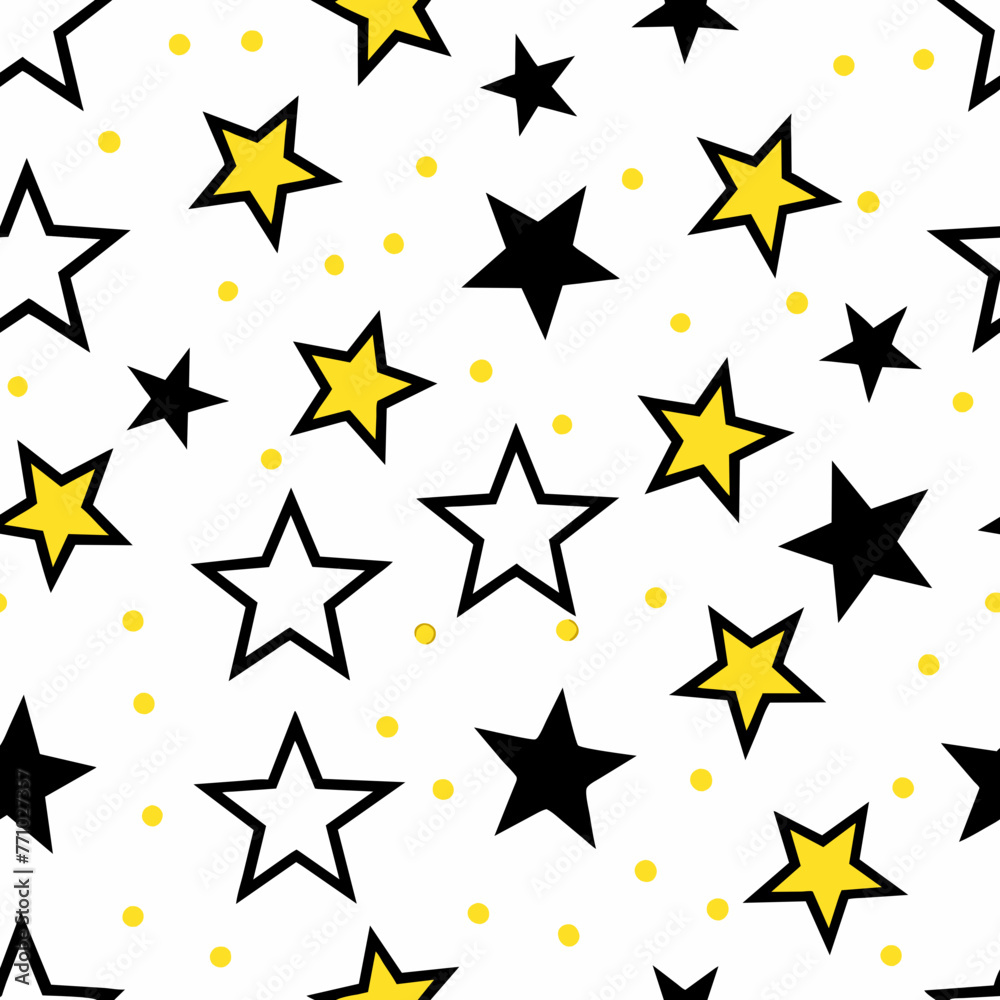 Vector Seamless Pattern. Backdrop for Boys Girls textiles wrapping paper. Summer Spring Mood. Stars Universal Pattern. Modern Background Design. Bright Images
