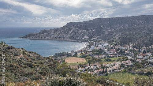 View of the stunning Pissouri Bay, the popular tourist resort of the village of Pissouri, as seen from the Eastern hilltop above the bay, located 30 km west of Limassol, Cyprus © MoVia1