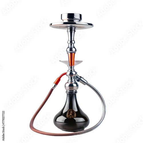 big golden narghile for tobacco smoking made of metal with long hookah hoses