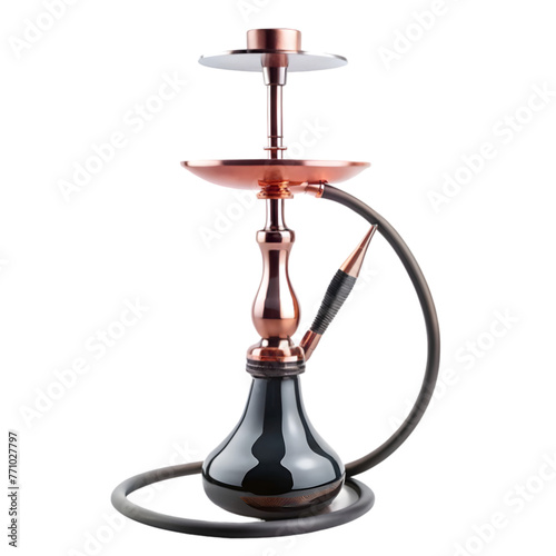 big golden narghile for tobacco smoking made of metal with long hookah hoses