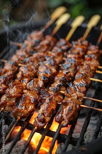 Close-up of Sizzling Satay on Barbecue Generative AI