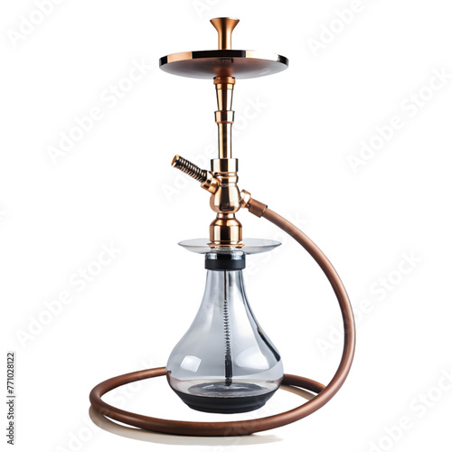 big golden narghile for tobacco smoking made of metal with long hookah hoses