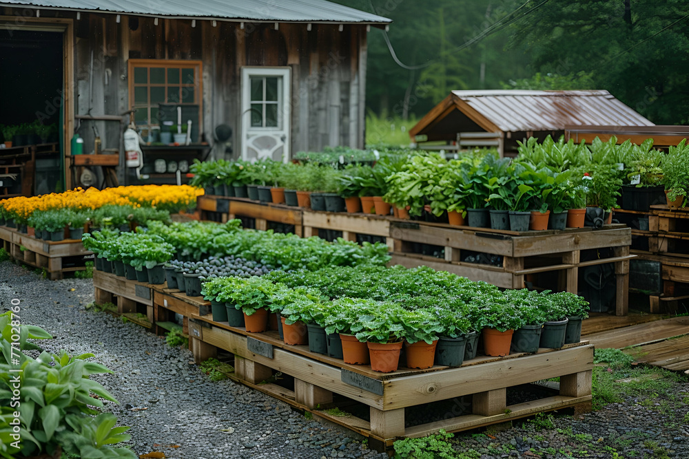 Rustic Plant Nursery on Rainy Day - Serene Farmstead; Moody, Nostalgic Atmosphere; Suitable for Cozy Lifestyle Magazines, Home Gardening Segments, Country Living Editorials, Copy Space Rustic Plant Nursery on Rainy Day - Serene Farmstead; Moody, Nostalgic Atmosphere; Suitable for Cozy Lifestyle Magazines, Home Gardening Segments, Country Living Editorials, Copy Space