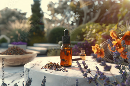 Oil for skin care, massage from natural ingredients, herbs, mint in glass jars and test tubes on a background in the garden on the nature, natural cosmetics