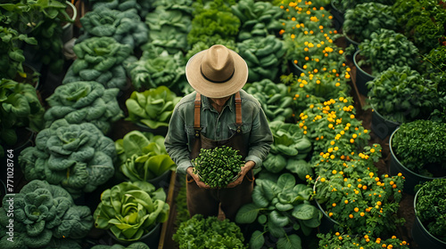 Gardener Harvesting Fresh Produce - Sustainable Agriculture; Earthy Tones, Organic Farming Concept; Perfect for Health Food Marketing, Farm-to-Table Advocacy, Agricultural Education, Copy Space