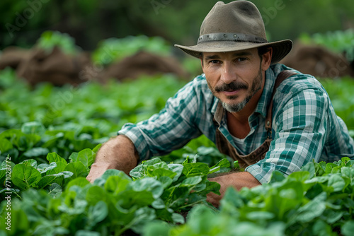 Farmer Tenderly Inspecting Fresh Crops - Authentic Agriculture, Outdoor Lifestyle; Responsible Farming Concept; For Eco-friendly Branding, Sustainable Living Guides, Educational Agri-tutorials, Copy S