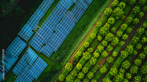 Agrivoltaics Solar panels used along with agriculture, Generative AI  photo