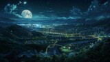 Night Scene of a City With a Full Moon